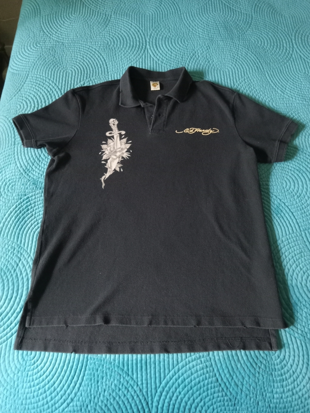Ed Hardy Black Polo Dagger True Love Tattoo Graphic & Gold Script